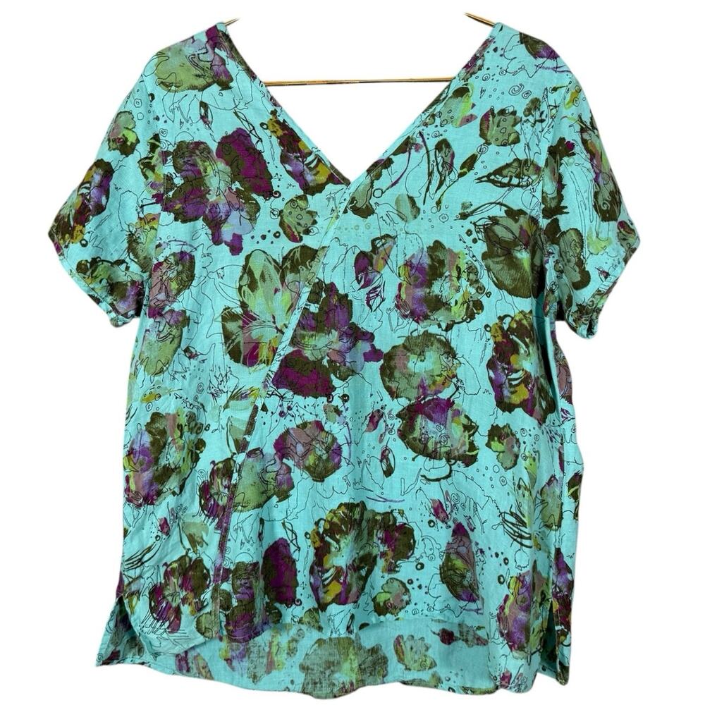Click Linen Lagenlook Top Large Blue Floral Artsy Relaxed Fit Minimalist Casual - Picture 3 of 7